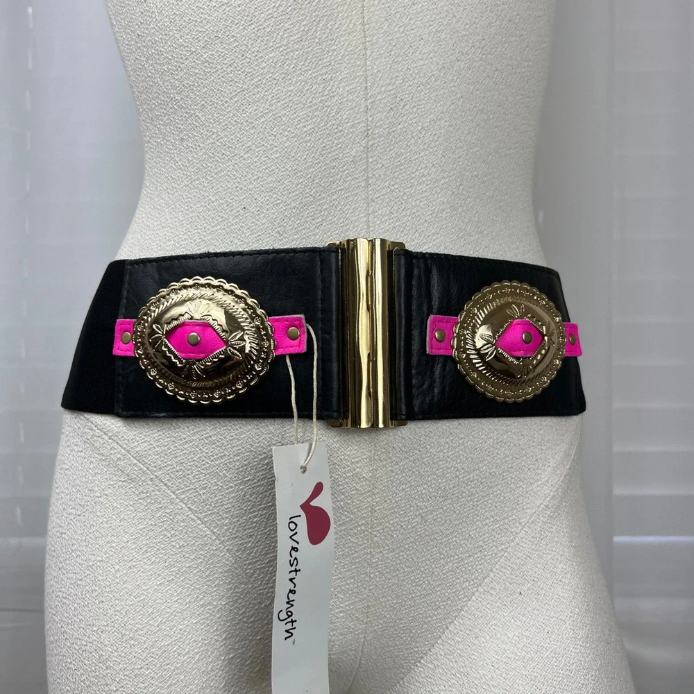 Lovestrength‎ Minx Belt Black Neon Pink Gold Concho Elastic Waist S112 NWT